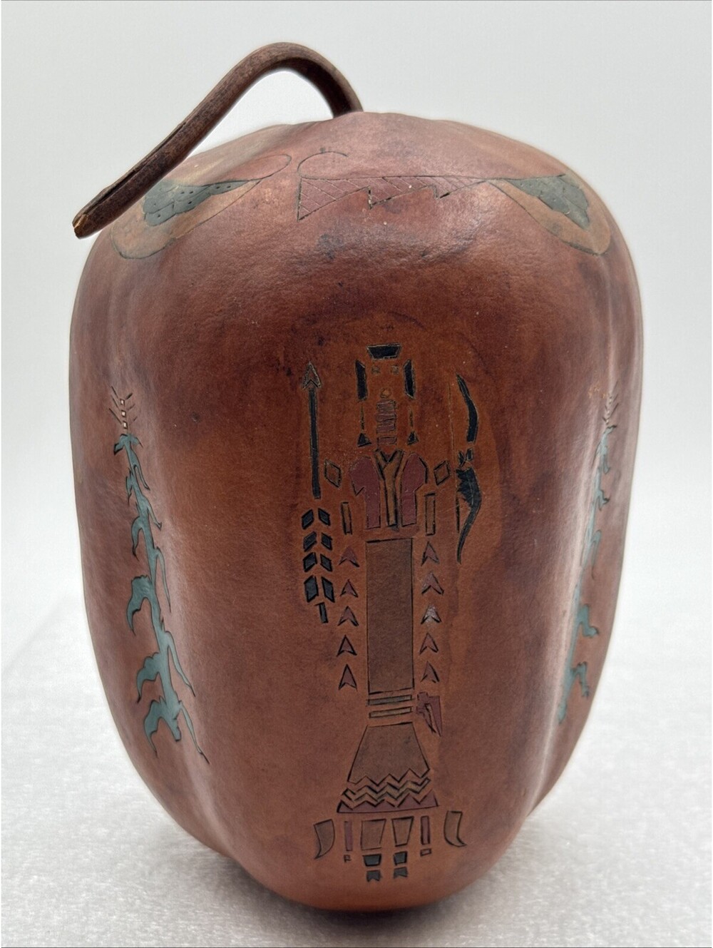 Southwestern Hand Painted Carved 7” Gourd Artist Signed Kathleen Vintage Stem